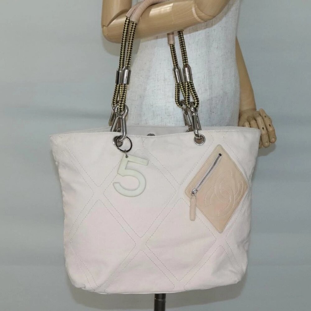 CHANEL COCO Mark Tote Bag No.5 Canvas White Silver CC Auth gh524 - Picture 14 of 16
